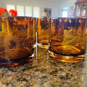 Bobby Flay Amber Floral Etched Rocks Glass Pair Rare Discontinued circa 1995 (4)
